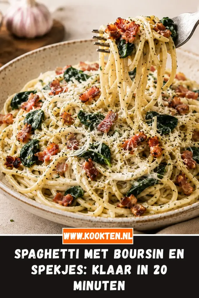 Spaghetti met Boursin en spekjes met spinazie en Parmezaanse kaas
