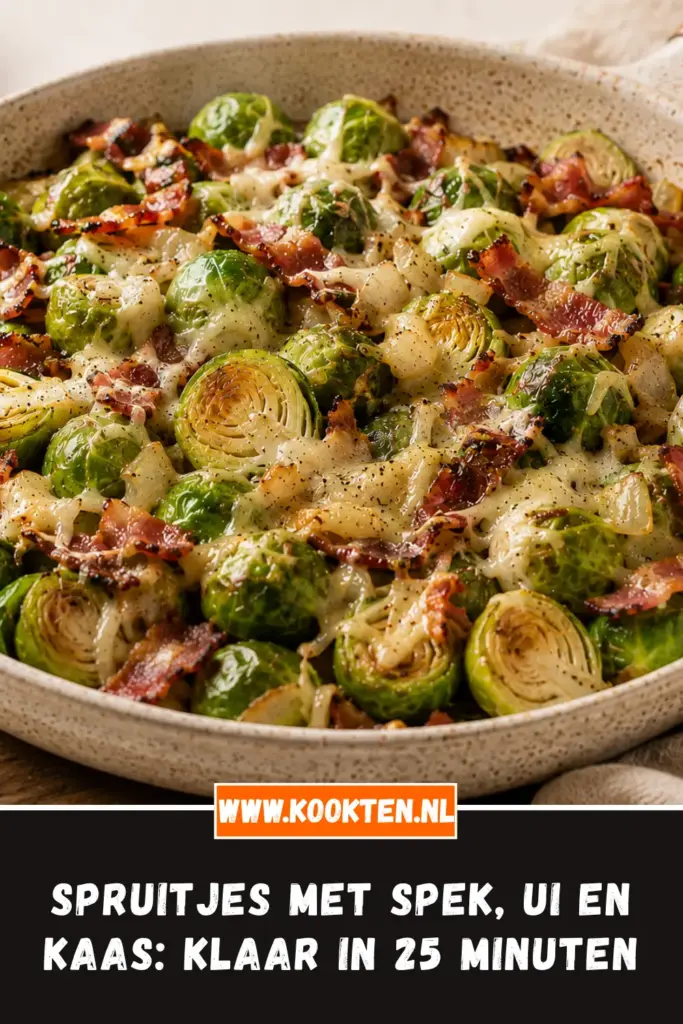Spruitjes met spek, ui en kaas in een koekenpan