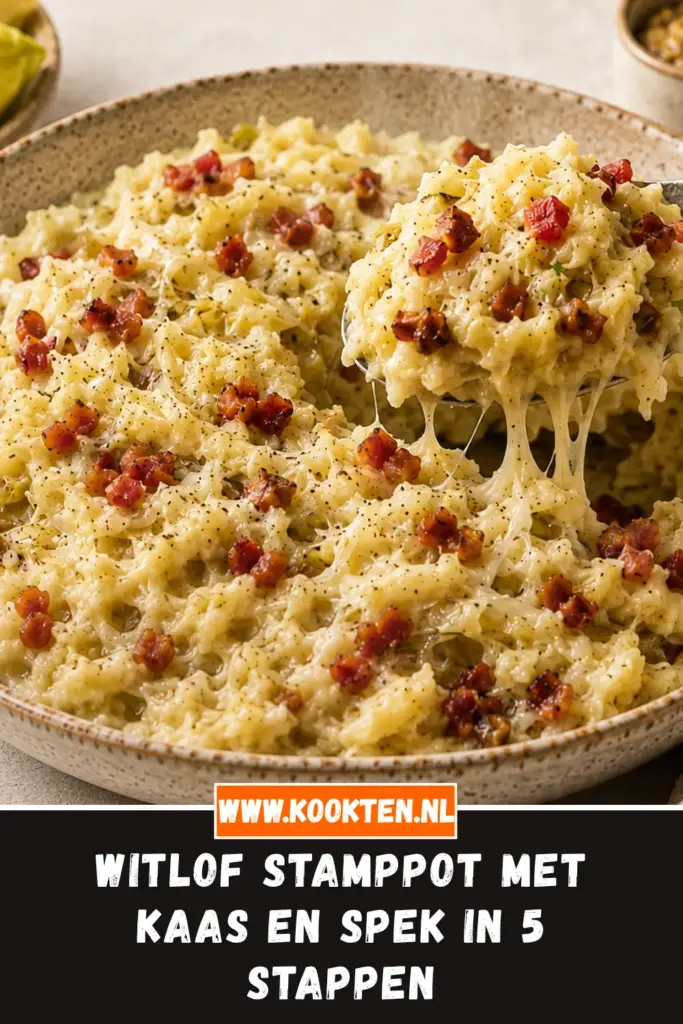 Witlof Stamppot met Kaas en Spek op een bord