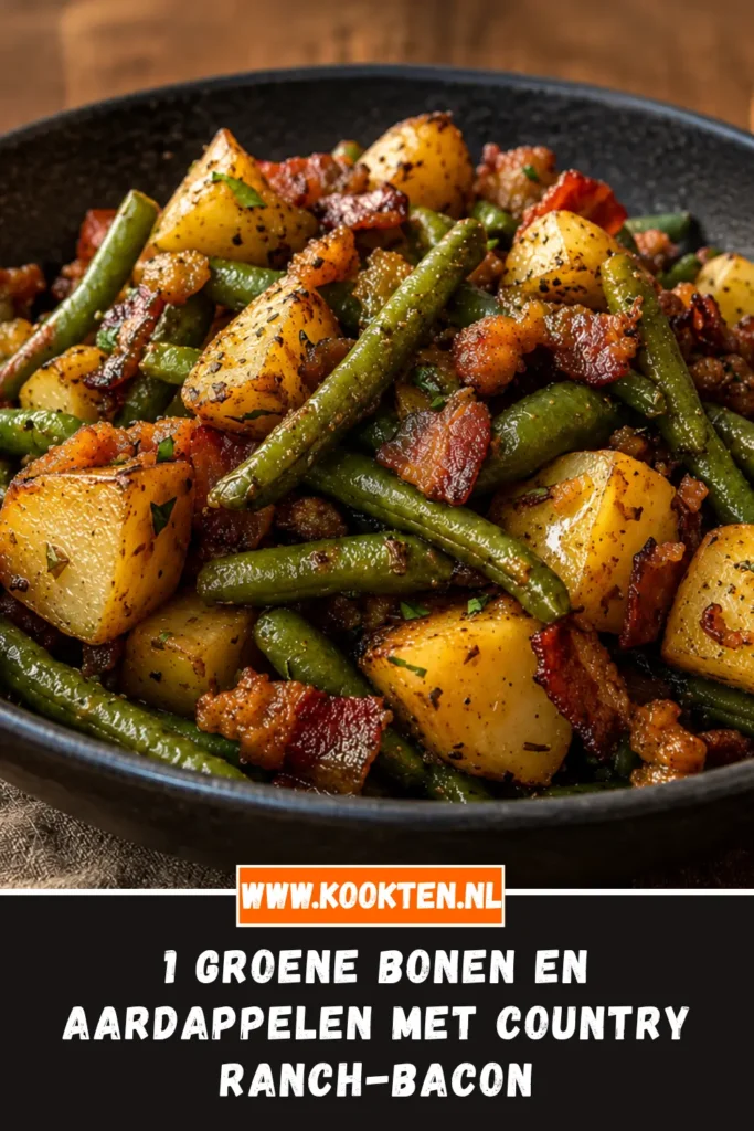 Groene bonen en aardappelen met country ranch-bacon in een pan