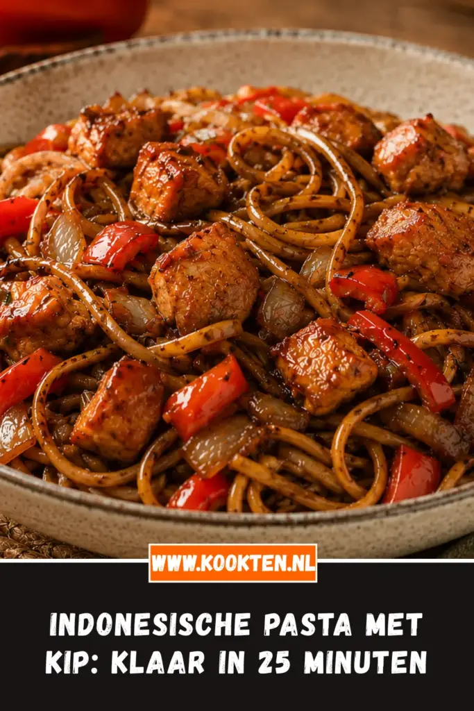 Indonesische Pasta met Kip van dichtbij op het bord