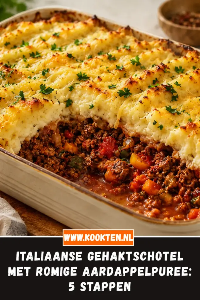 Italiaanse gehaktschotel met romige aardappelpuree van dichtbij op het bord
