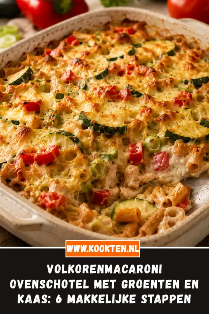 Volkorenmacaroni ovenschotel met groenten en kaas van dichtbij op het bord