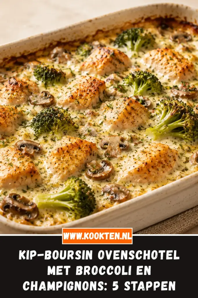 Kip-Boursin Ovenschotel met Broccoli en Champignons van dichtbij op het bord