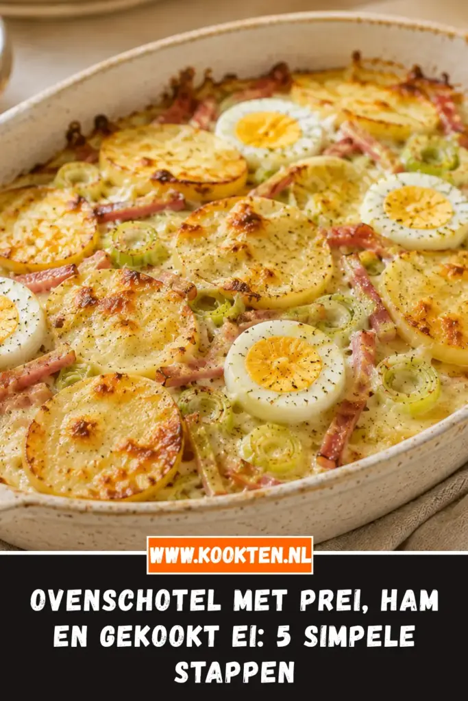 Ovenschotel met Prei, Ham en Gekookt Ei van dichtbij op het bord