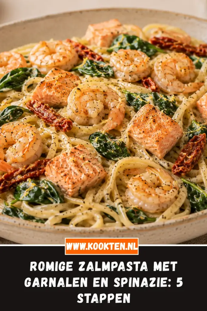 Romige Zalmpasta met Garnalen en Spinazie in een diep bord