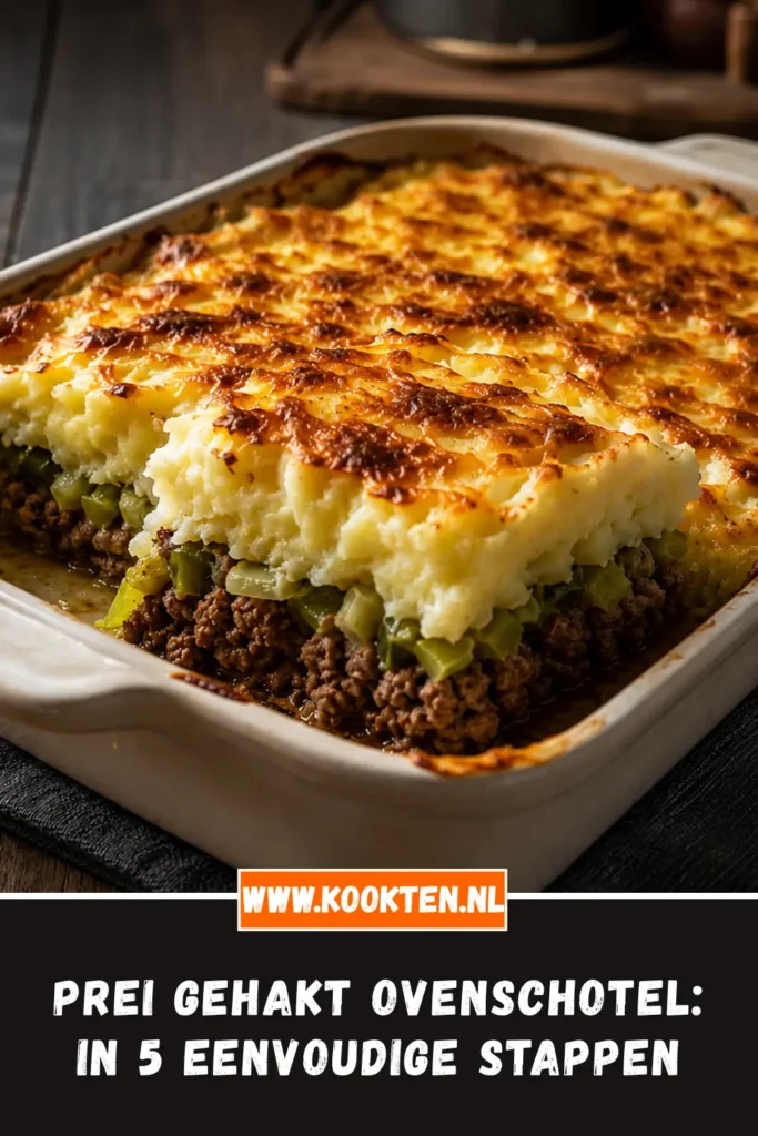 Prei gehakt ovenschotel van dichtbij op het bord