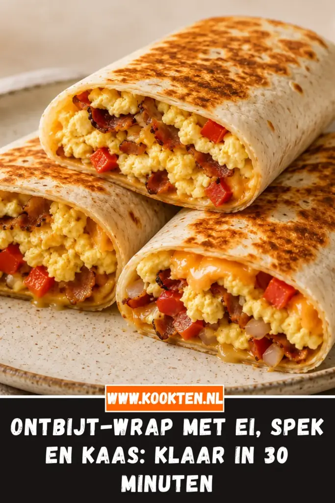 Ontbijt-wrap met ei, spek en kaas van dichtbij op het bord