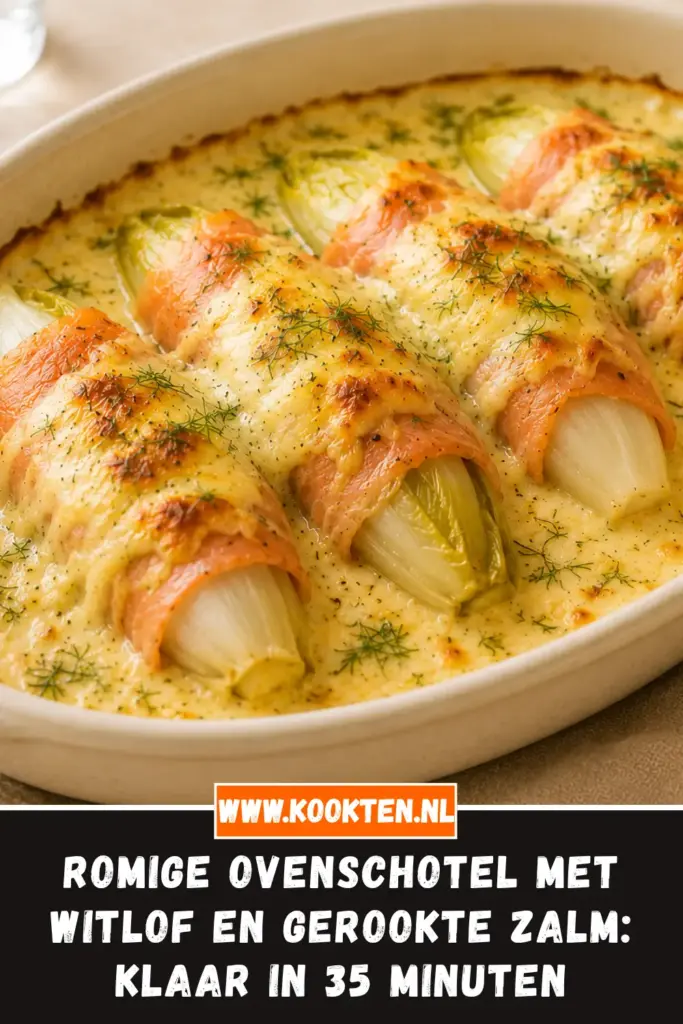 Romige ovenschotel met witlof en gerookte zalm van dichtbij op het bord
