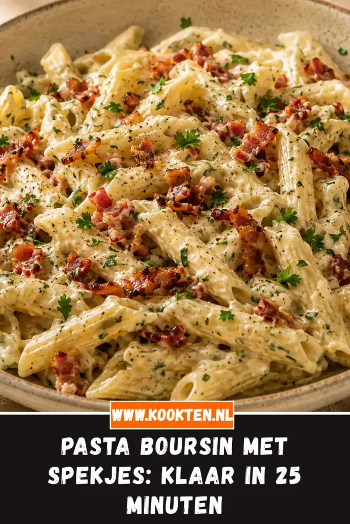Pasta Boursin met spekjes van dichtbij op het bord
