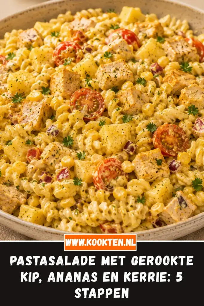 Pastasalade met gerookte kip, ananas en kerrie van dichtbij op het bord