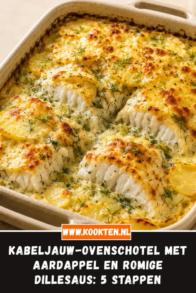 Kabeljauw-ovenschotel met aardappel en romige dillesaus van dichtbij op het bord