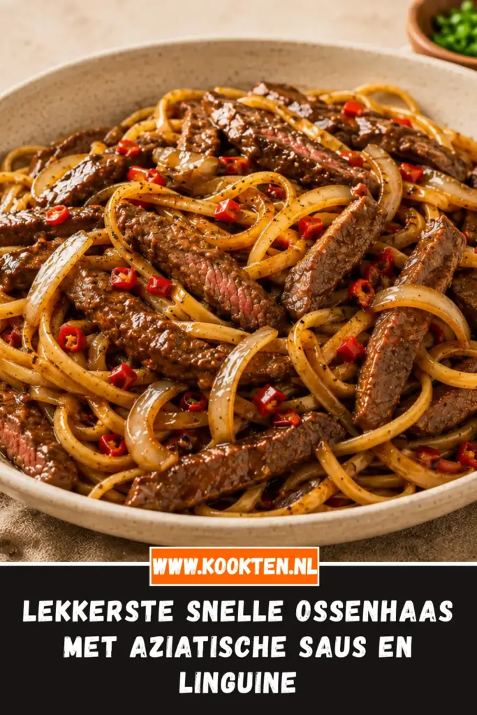 Snelle ossenhaas met Aziatische saus en linguine op een bord