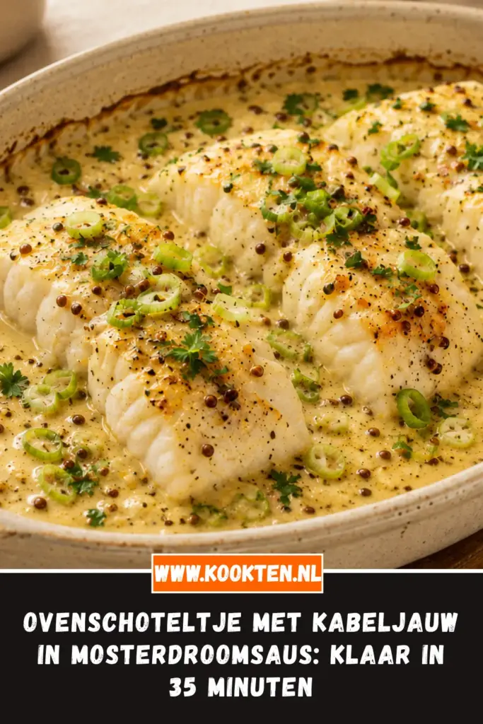Ovenschoteltje met Kabeljauw in Mosterdroomsaus van dichtbij op het bord