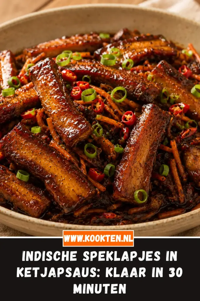 Indische speklapjes in ketjapsaus met rijst en komkommer