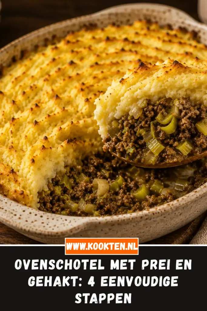 Ovenschotel met Prei en Gehakt van dichtbij op het bord