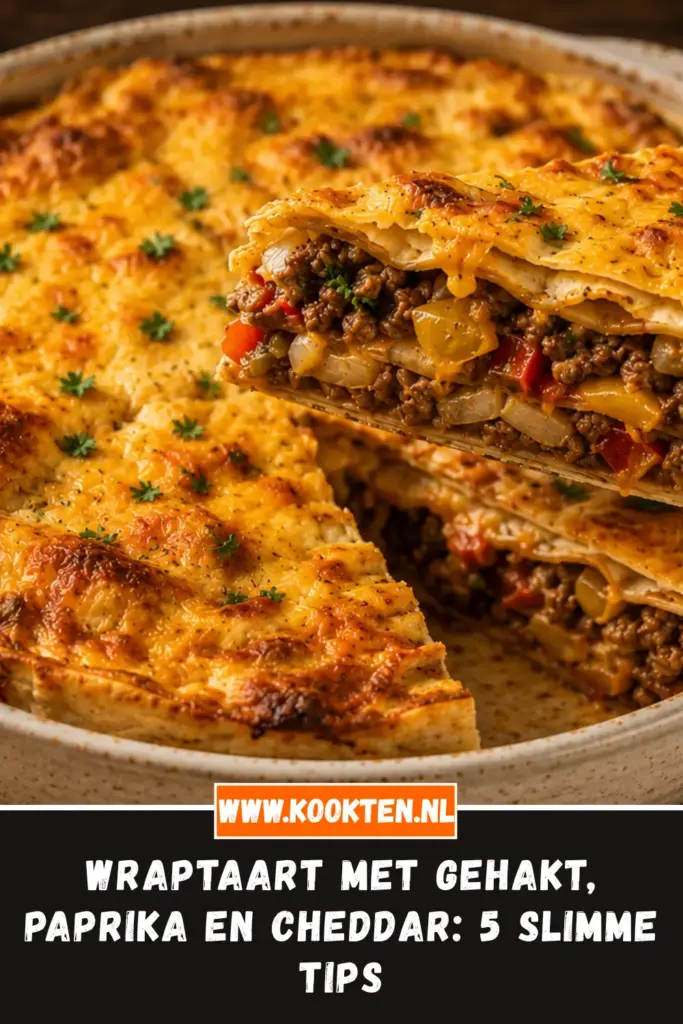 Wraptaart met gehakt, paprika en cheddar van dichtbij op het bord
