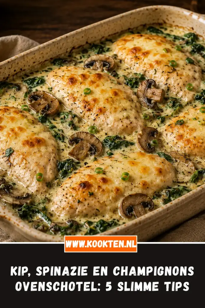 Kip, Spinazie en Champignons Ovenschotel van dichtbij op het bord