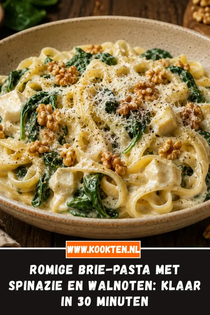 Romige Brie-Pasta met Spinazie en Walnoten van dichtbij op het bord