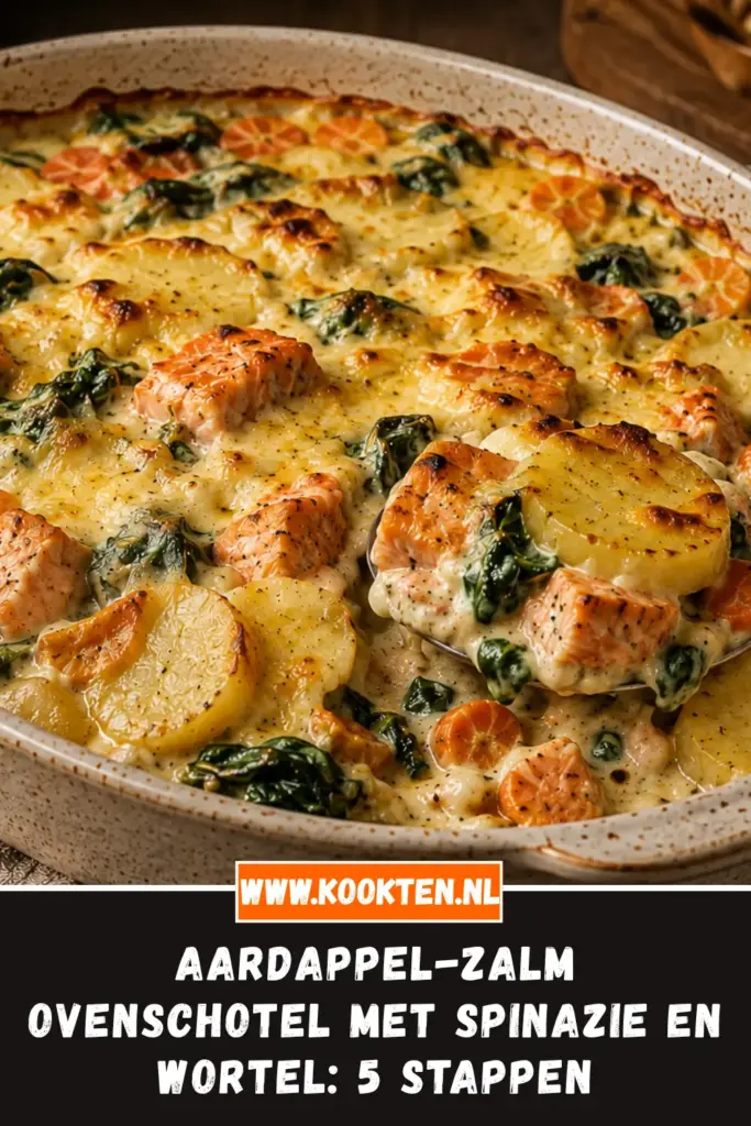 Aardappel-Zalm Ovenschotel met Spinazie en Wortel van dichtbij op het bord