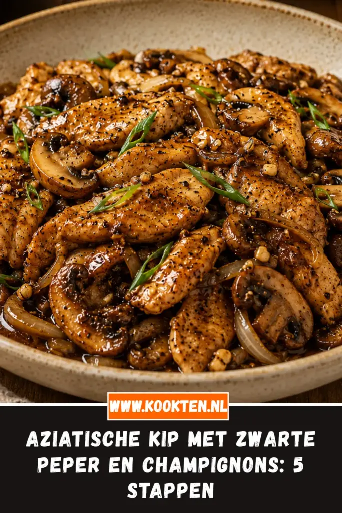 Aziatische Kip met Zwarte Peper en Champignons van dichtbij op het bord