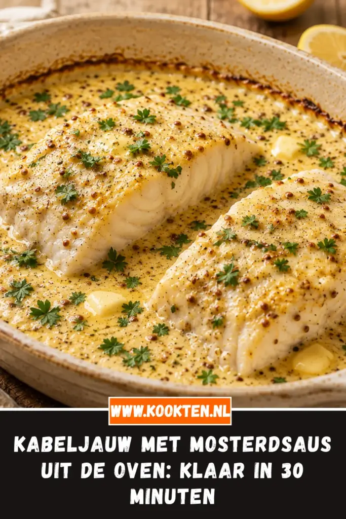 Kabeljauw met Mosterdsaus uit de Oven van dichtbij op het bord