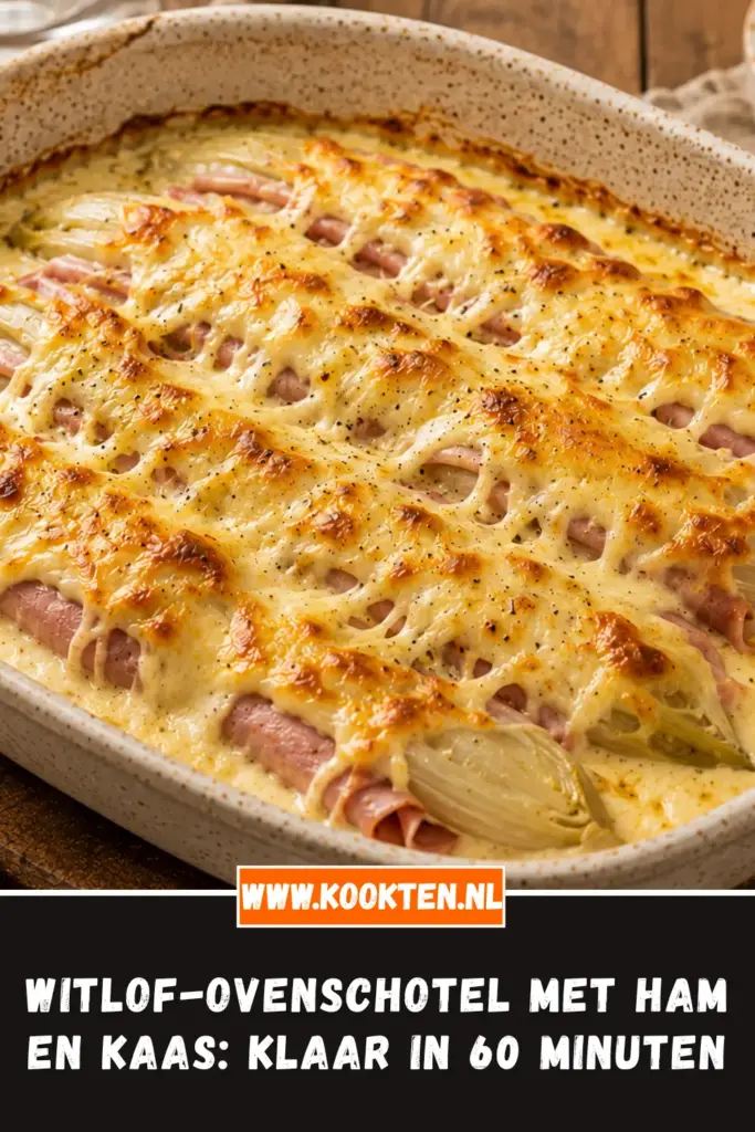 Witlof-ovenschotel met ham en kaas van dichtbij op het bord