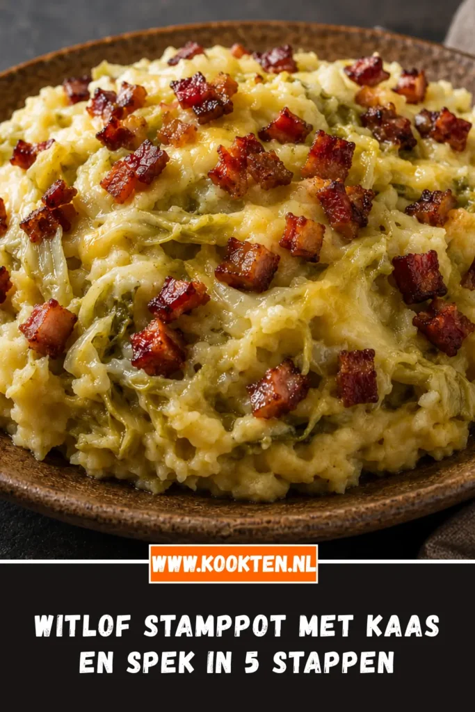 Witlof Stamppot met Kaas en Spek van dichtbij op het bord