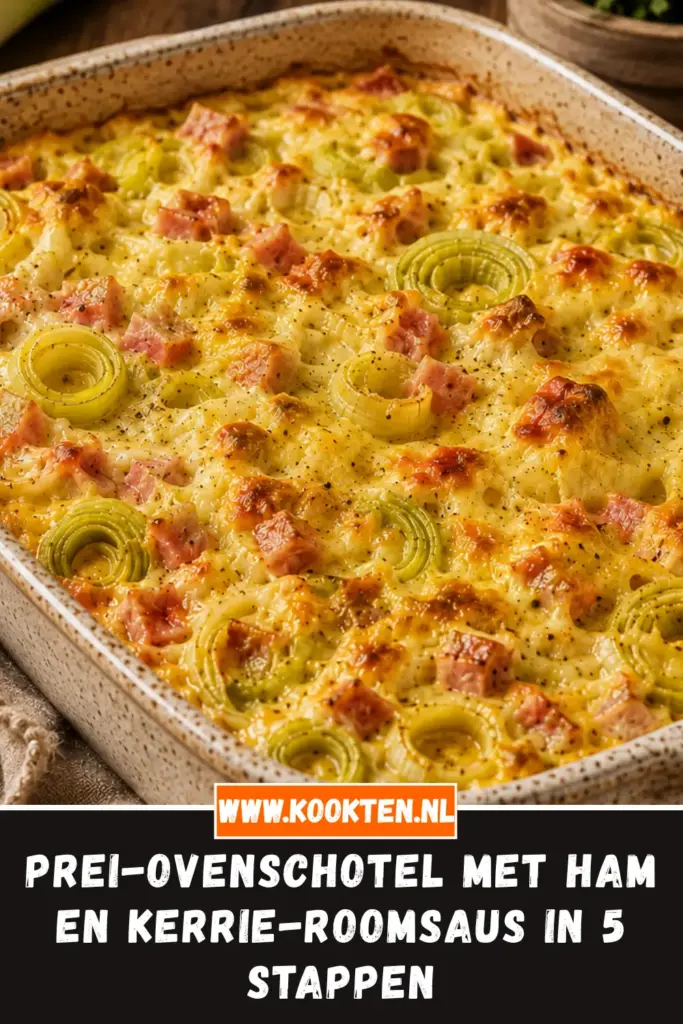 Prei-ovenschotel met ham en kerrie-roomsaus met goudbruine kaas