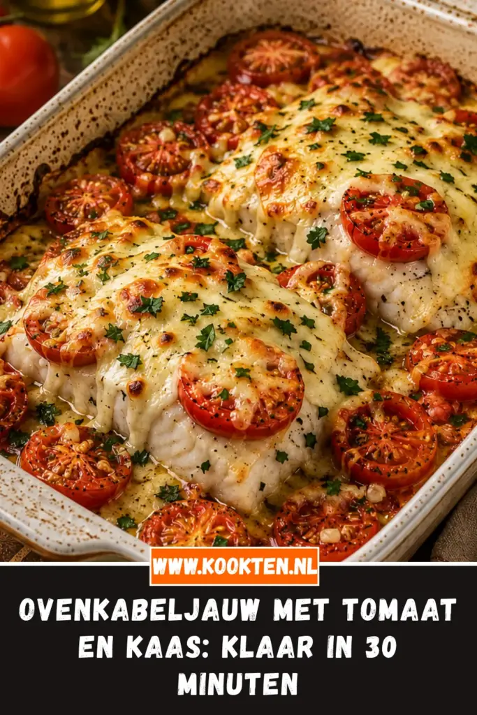 Ovenkabeljauw met Tomaat en Kaas van dichtbij op het bord