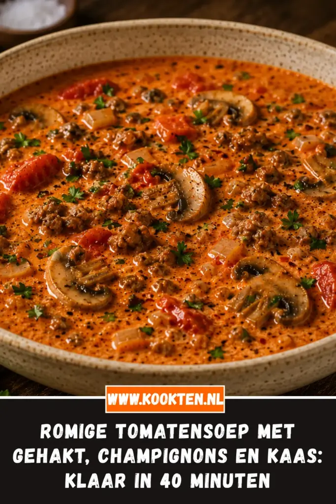 Romige Tomatensoep met Gehakt, Champignons en Kaas van dichtbij op het bord