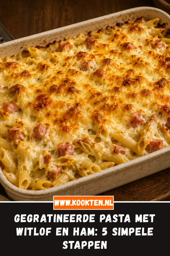 Gegratineerde Pasta met Witlof en Ham van dichtbij op het bord