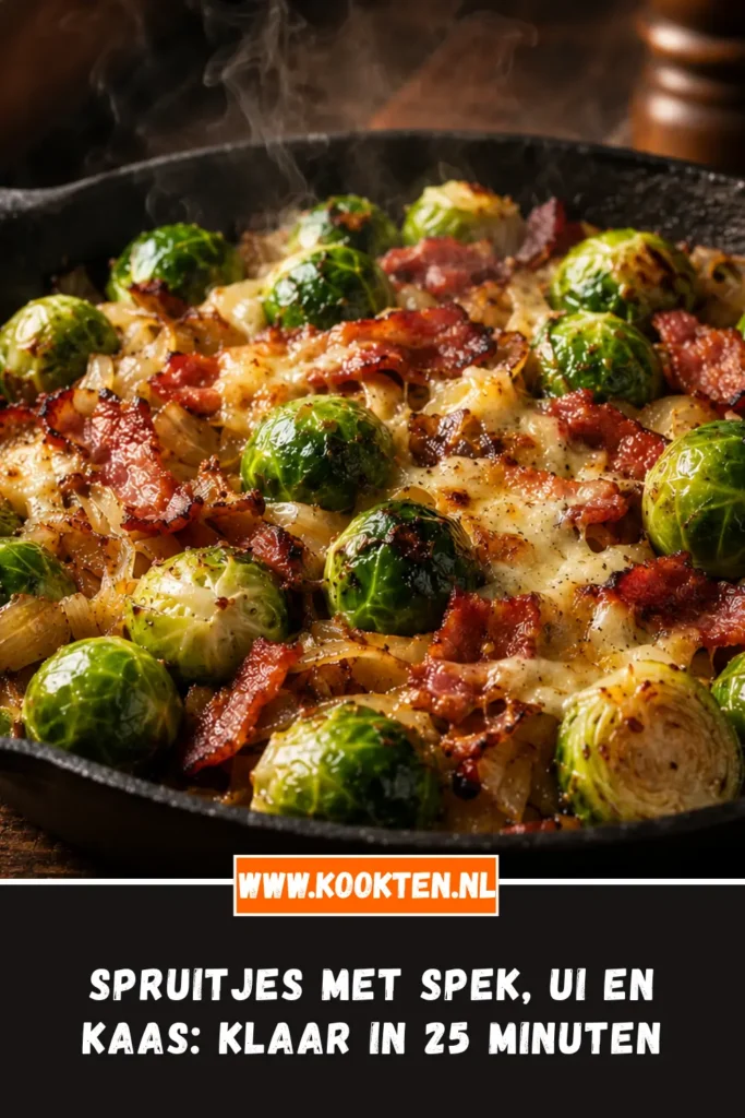 Spruitjes met spek, ui en kaas van dichtbij op het bord