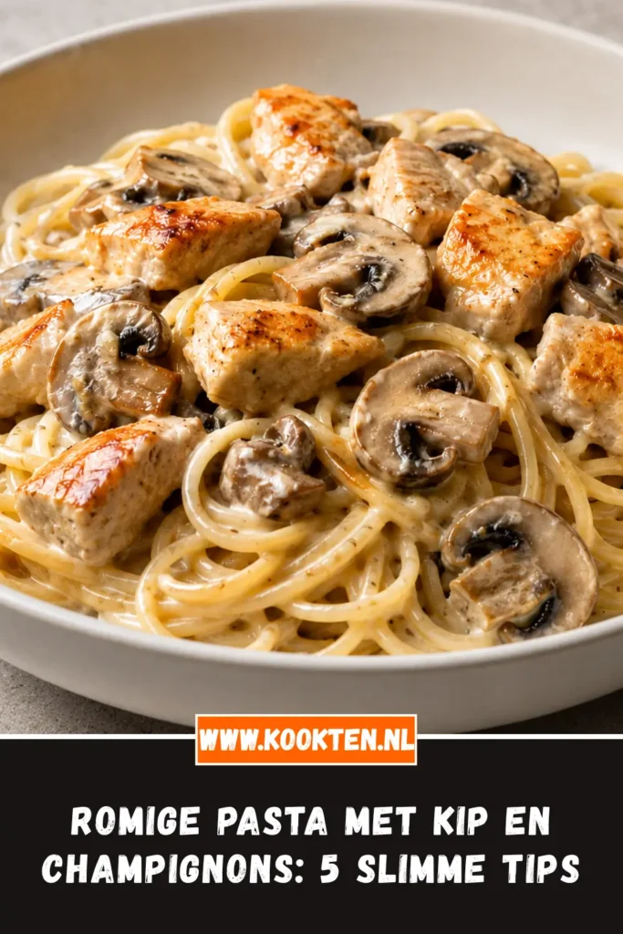 Romige pasta met kip en champignons van dichtbij op het bord