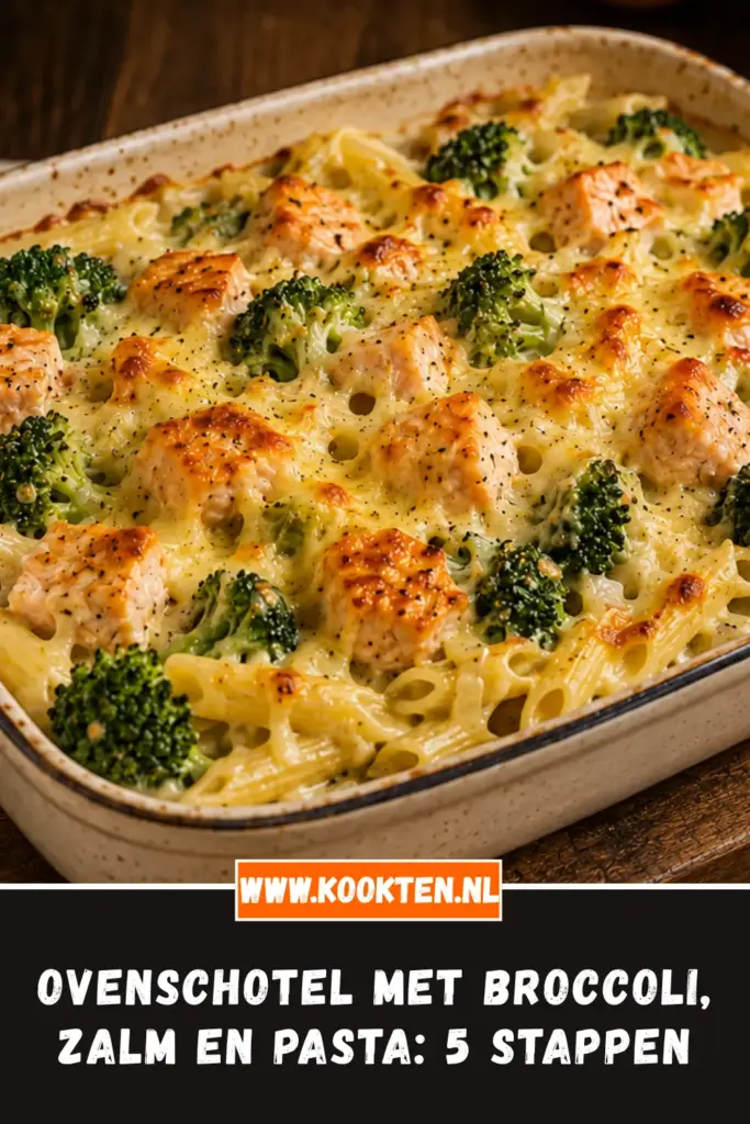 Ovenschotel met Broccoli, Zalm en Pasta van dichtbij op het bord