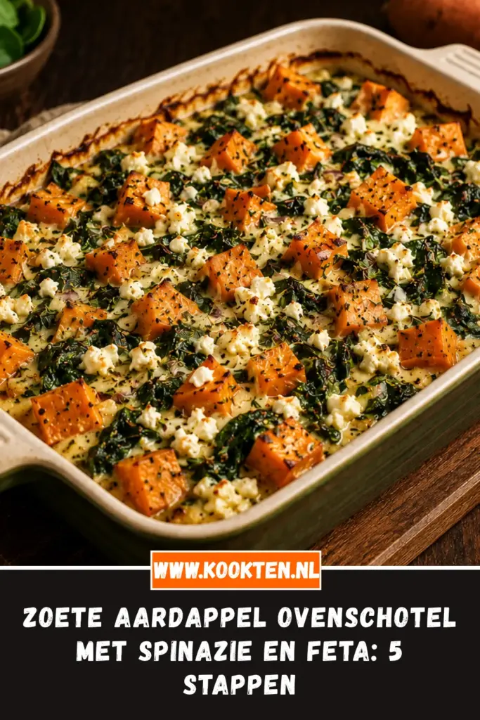Zoete Aardappel Ovenschotel met Spinazie en Feta van dichtbij op het bord