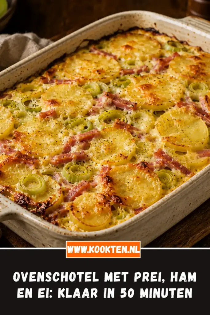Ovenschotel met Prei, Ham en Ei van dichtbij op het bord