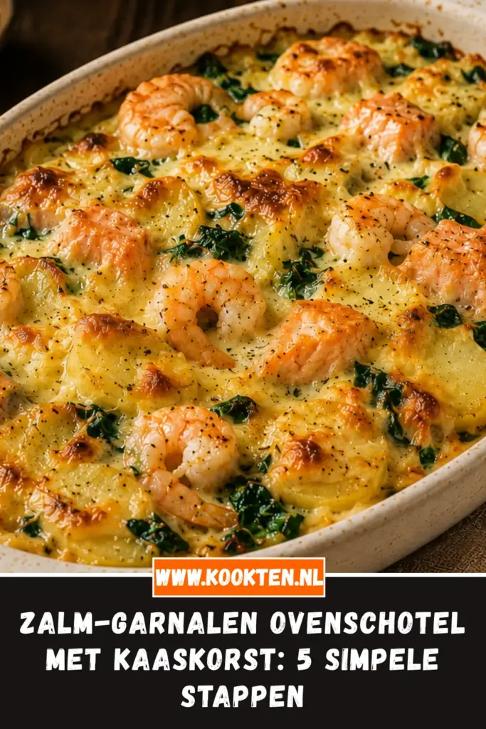 Zalm-Garnalen Ovenschotel met Kaaskorst van dichtbij op het bord