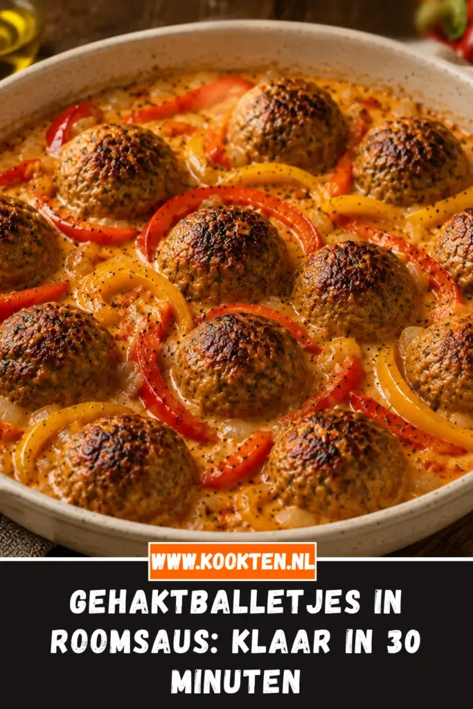 Gehaktballetjes in Roomsaus van dichtbij op het bord