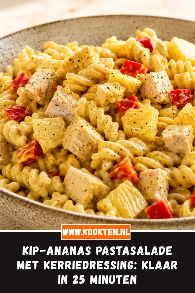 Kip-ananas pastasalade met kerriedressing van dichtbij op het bord