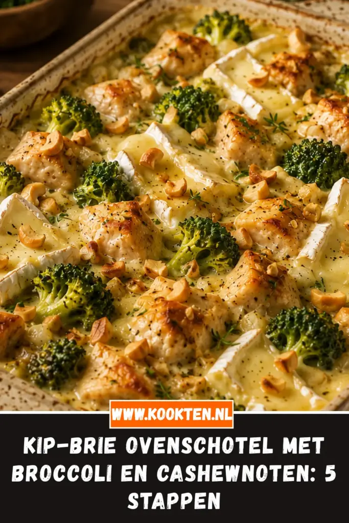 Kip-brie ovenschotel met broccoli en cashewnoten van dichtbij op het bord