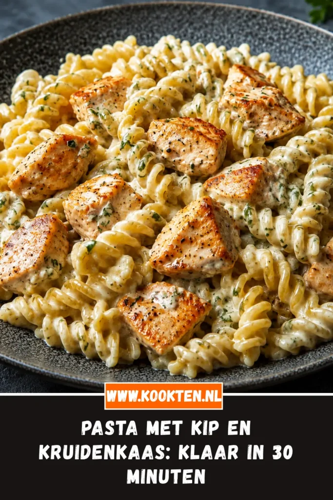 Pasta met Kip en Kruidenkaas van dichtbij op het bord