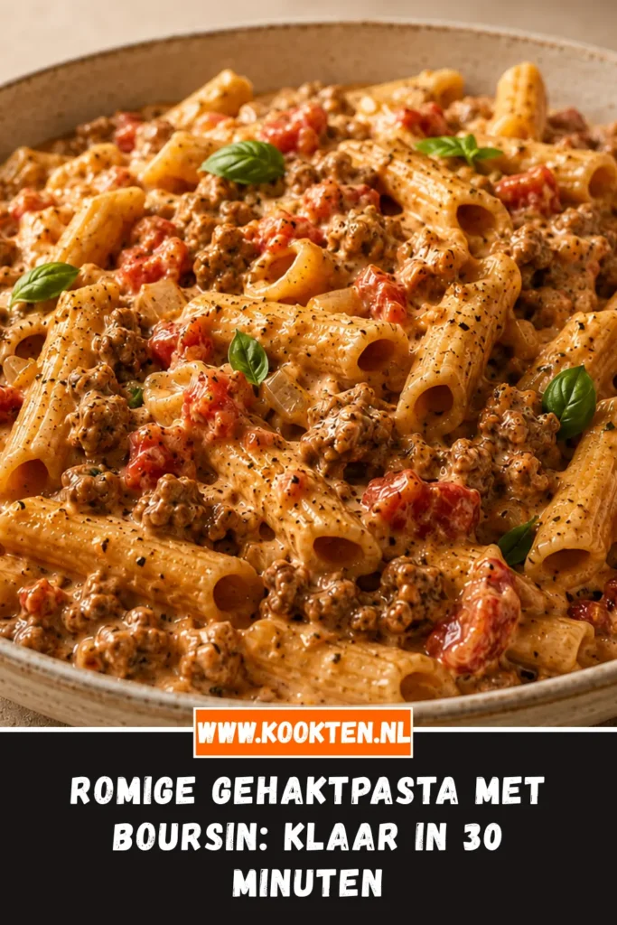 Romige gehaktpasta met Boursin van dichtbij op het bord