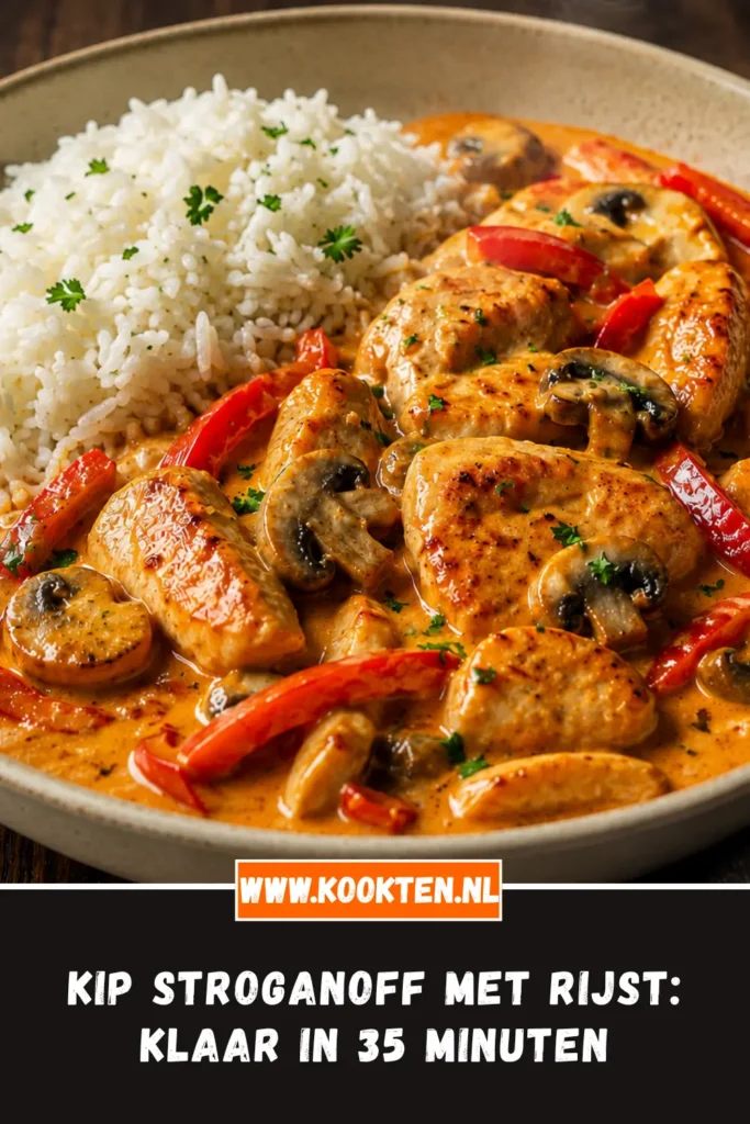 Kip stroganoff met rijst van dichtbij op het bord