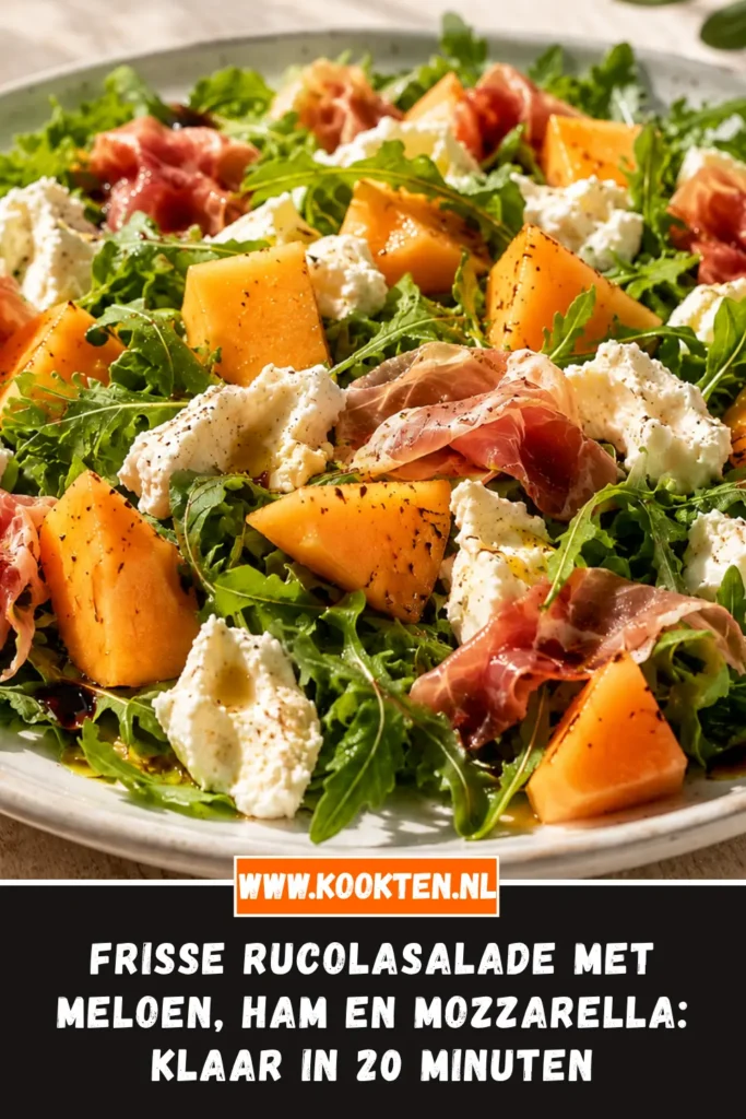 Frisse rucolasalade met meloen, ham en mozzarella van dichtbij op het bord