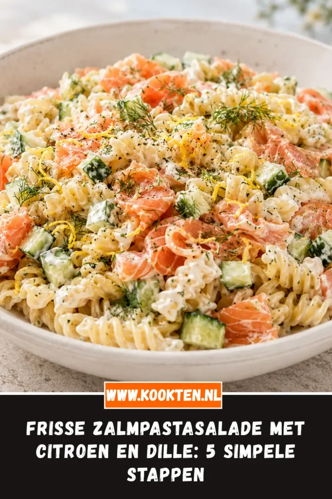 Frisse zalmpastasalade met citroen en dille van dichtbij op het bord