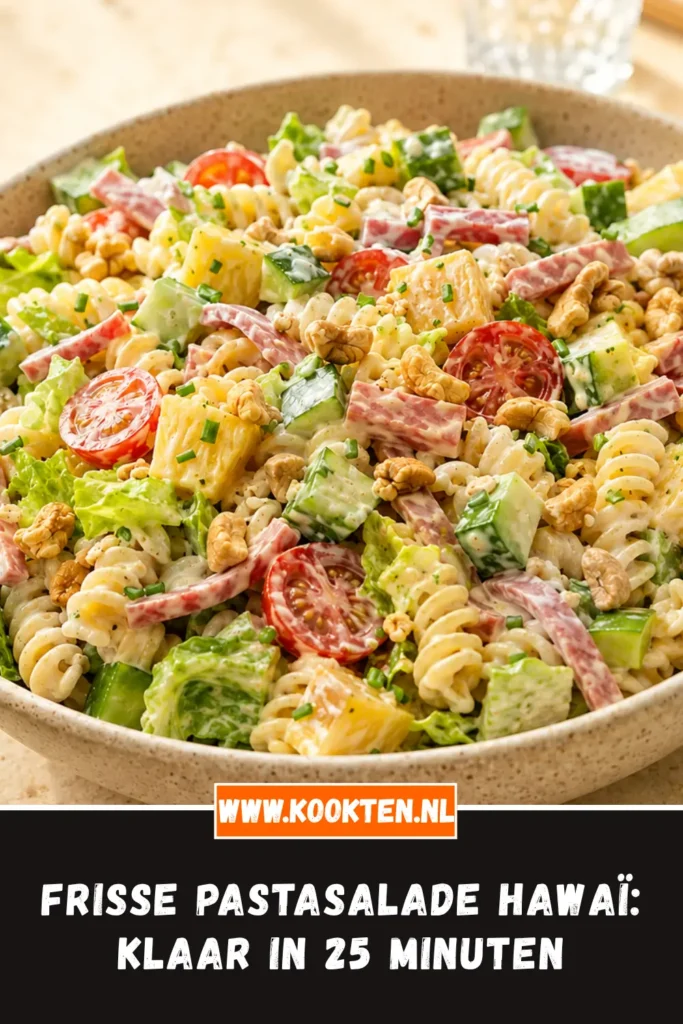 Frisse pastasalade hawaï van dichtbij op het bord