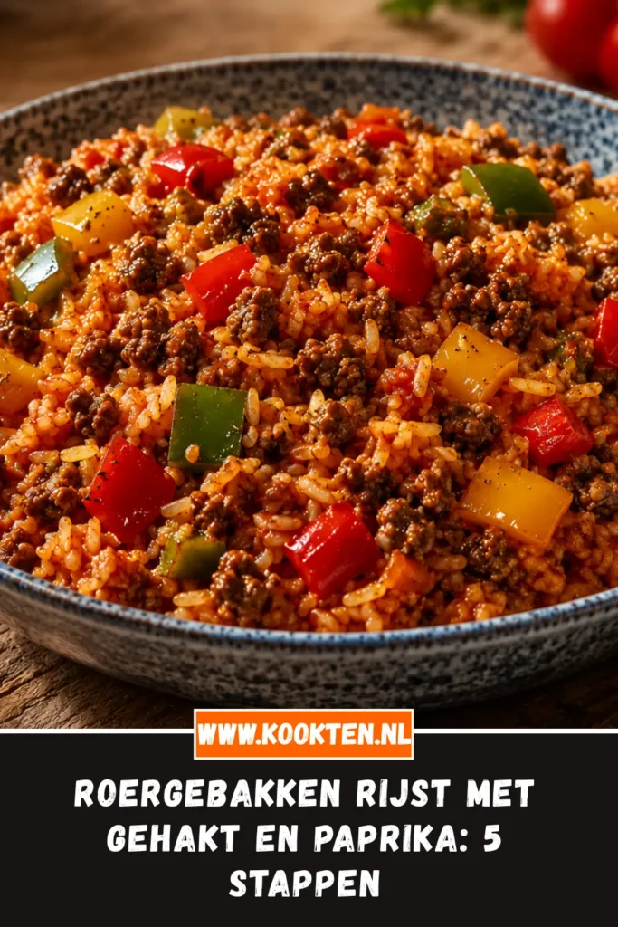 Roergebakken rijst met gehakt en paprika van dichtbij op het bord