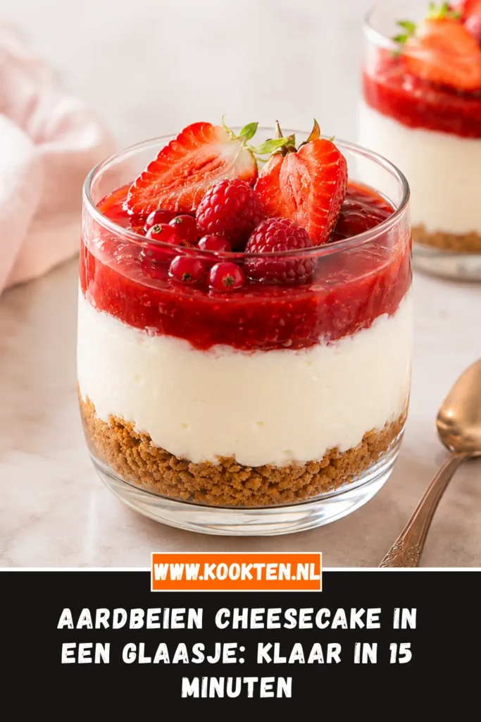Aardbeien cheesecake in een glaasje van dichtbij op het bord