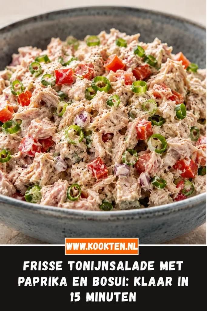 Frisse tonijnsalade met paprika en bosui van dichtbij op het bord